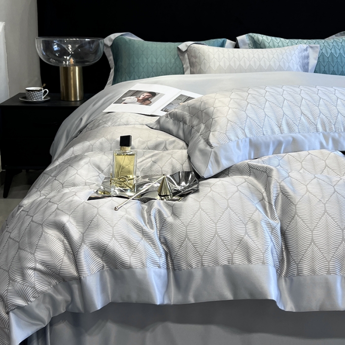 91家纺网 家纺一手货源 找家纺 优悦 2023新款水洗真丝轻奢印花款四件套 浅浅叶语-灰