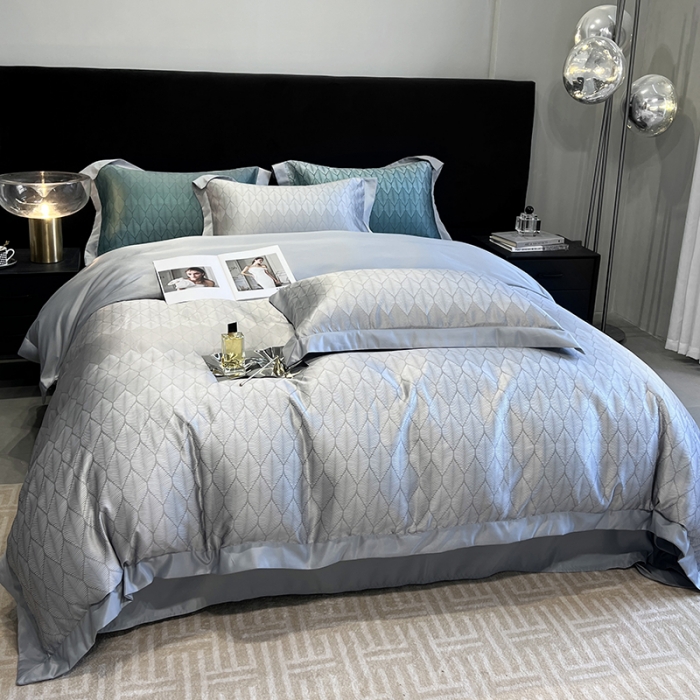 91家纺网 家纺一手货源 找家纺 优悦 2023新款水洗真丝轻奢印花款四件套 浅浅叶语-灰