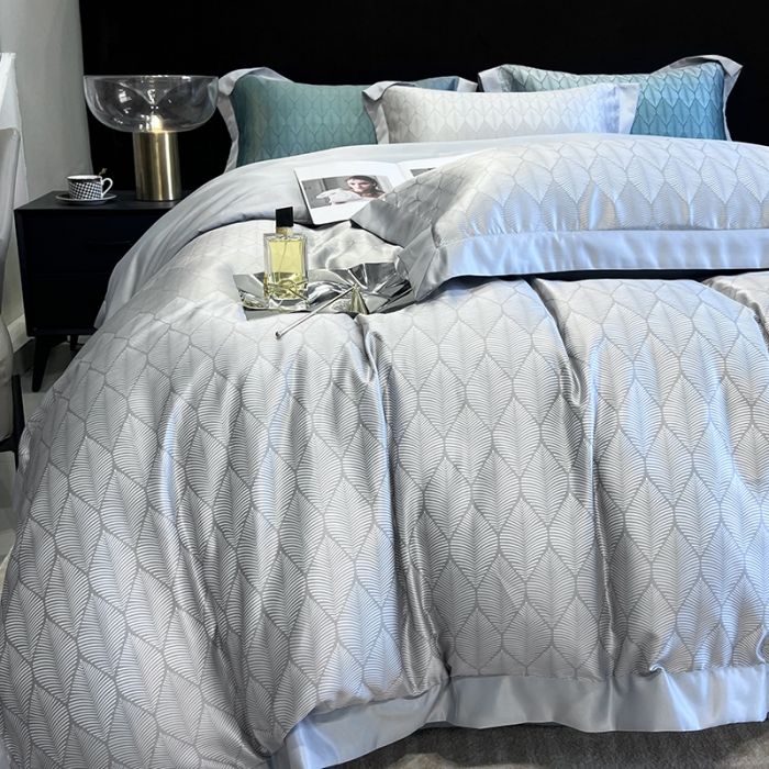 91家纺网 家纺一手货源 找家纺 优悦 2023新款水洗真丝轻奢印花款四件套 浅浅叶语-灰