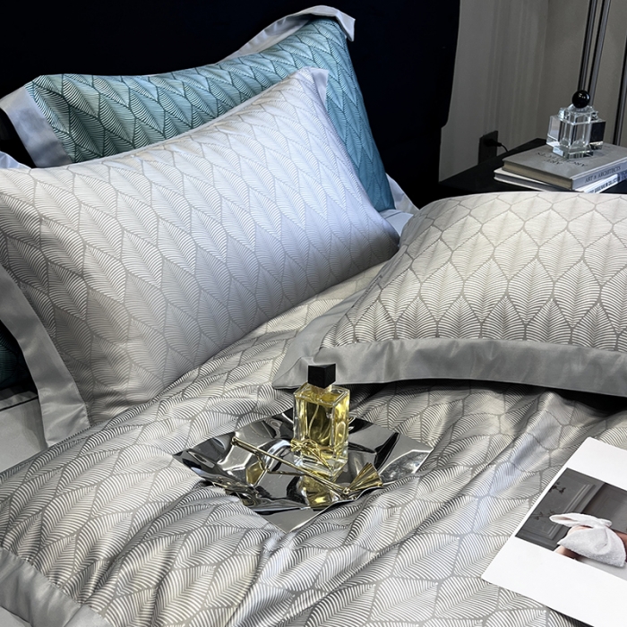 91家纺网 家纺一手货源 找家纺 优悦 2023新款水洗真丝轻奢印花款四件套 浅浅叶语-灰