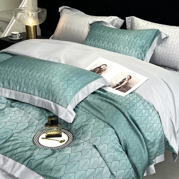 91家纺网 家纺一手货源 找家纺 优悦 2023新款水洗真丝轻奢印花款四件套 浅浅叶语-绿