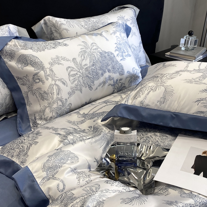 91家纺网 家纺一手货源 找家纺 优悦 2023新款水洗真丝轻奢印花款四件套 森林物语-蓝