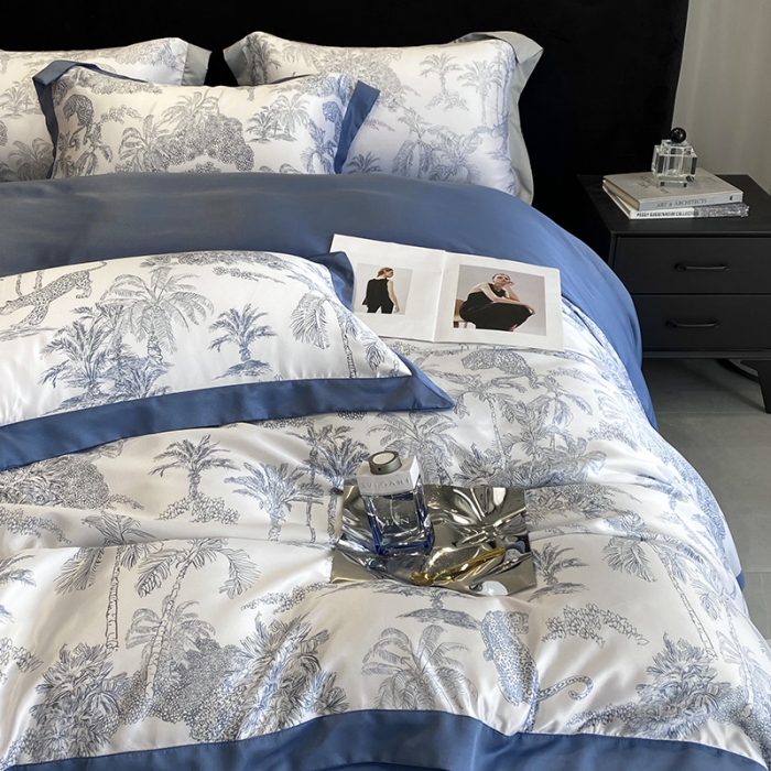 91家纺网 家纺一手货源 找家纺 优悦 2023新款水洗真丝轻奢印花款四件套 森林物语-蓝