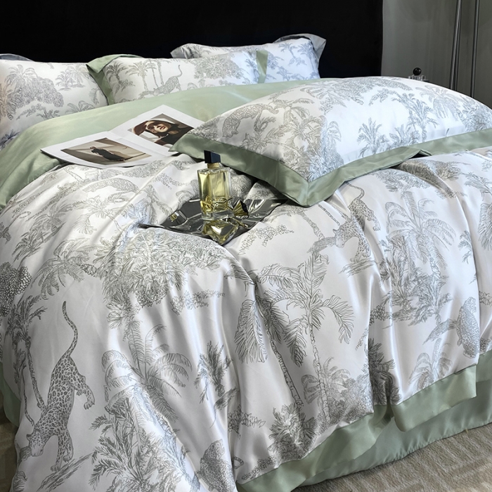 91家纺网 家纺一手货源 找家纺 优悦 2023新款水洗真丝轻奢印花款四件套 森林物语-绿