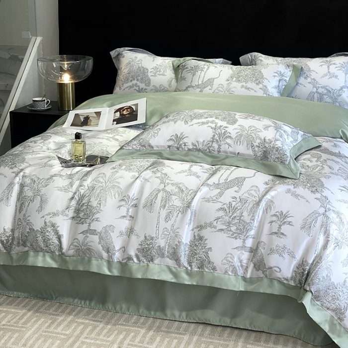 91家纺网 家纺一手货源 找家纺 优悦 2023新款水洗真丝轻奢印花款四件套 森林物语-绿