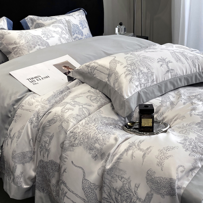 91家纺网 家纺一手货源 找家纺 优悦 2023新款水洗真丝轻奢印花款四件套 森绿物语-灰