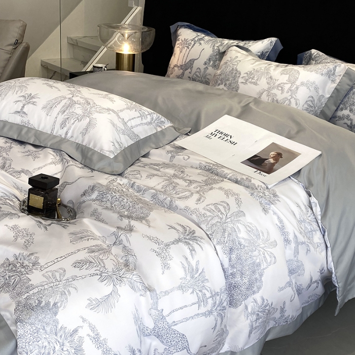 91家纺网 家纺一手货源 找家纺 优悦 2023新款水洗真丝轻奢印花款四件套 森绿物语-灰