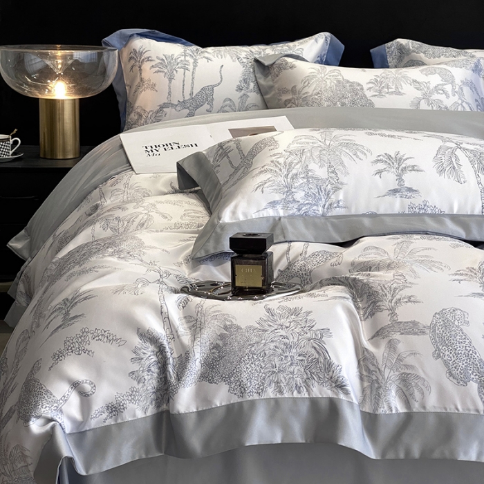 91家纺网 家纺一手货源 找家纺 优悦 2023新款水洗真丝轻奢印花款四件套 森绿物语-灰