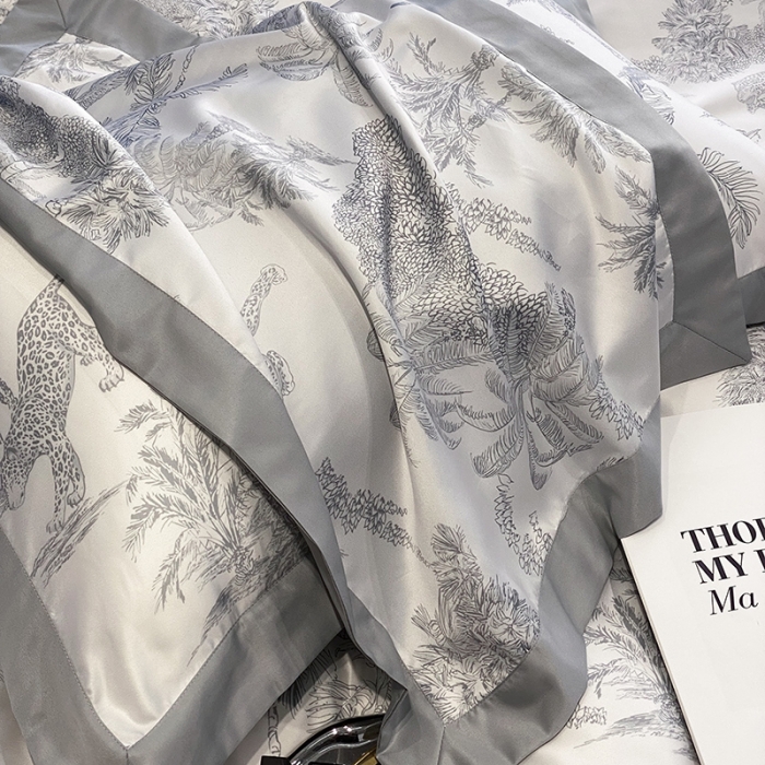 91家纺网 家纺一手货源 找家纺 优悦 2023新款水洗真丝轻奢印花款四件套 森绿物语-灰