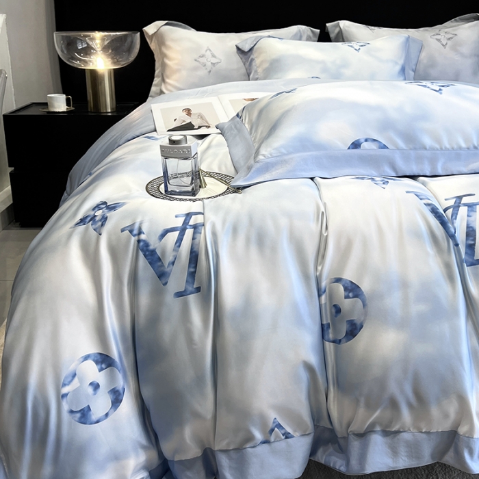 91家纺网 家纺一手货源 找家纺 优悦 2023新款水洗真丝轻奢印花款四件套 云中-蓝