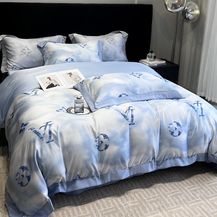 91家纺网 家纺一手货源 找家纺 优悦 2023新款水洗真丝轻奢印花款四件套 云中-蓝