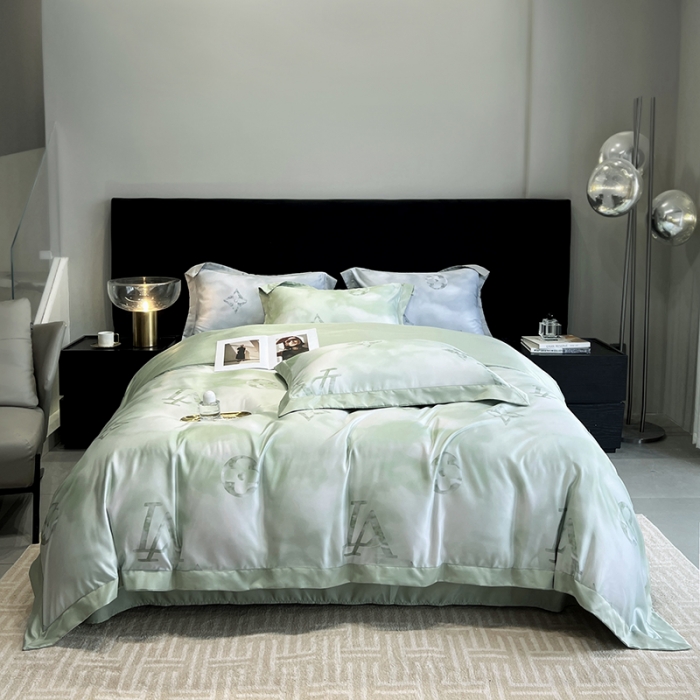 91家纺网 家纺一手货源 找家纺 优悦 2023新款水洗真丝轻奢印花款四件套 云中-绿