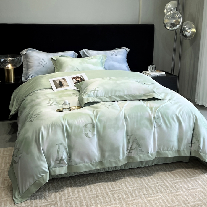 91家纺网 家纺一手货源 找家纺 优悦 2023新款水洗真丝轻奢印花款四件套 云中-绿