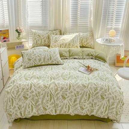 91家纺网 家纺一手货源 找家纺 优选 2025直播爆款法式风双层纱棉麻水洗棉四件套花季-绿