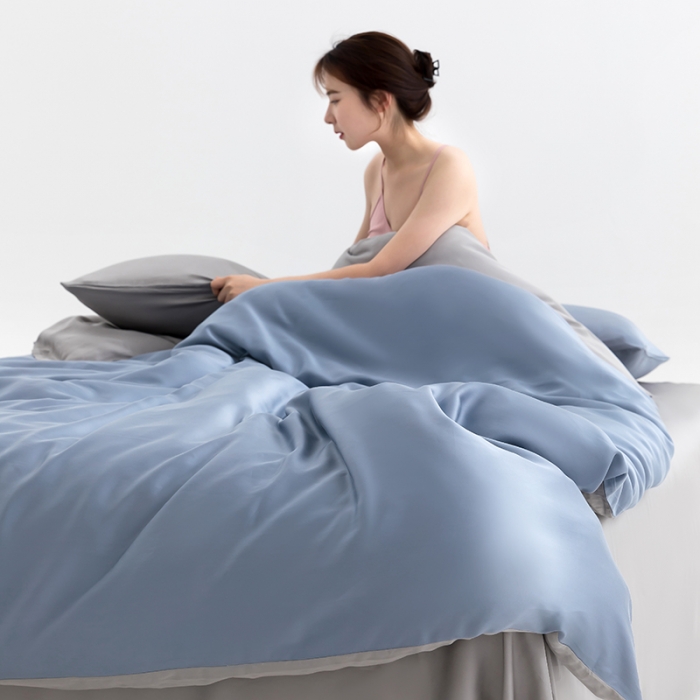 91家纺网 家纺一手货源 找家纺 轩和新款50支纯色天丝四件套单品被套床单床笠枕套系列 劳伦蓝+伯爵灰