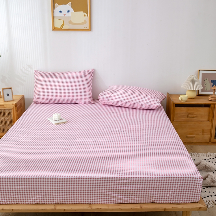 91家纺网 家纺一手货源 找家纺 火星时代 2023新款防水床笠隔尿透气防滑床单防尘罩保护套床套 无印粉小格