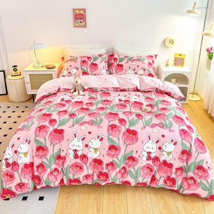 91家纺网 家纺一手货源 找家纺 乐童2024新款网红直播爆款吊边＋一字绣工艺款四件套（六）郁金香小兔