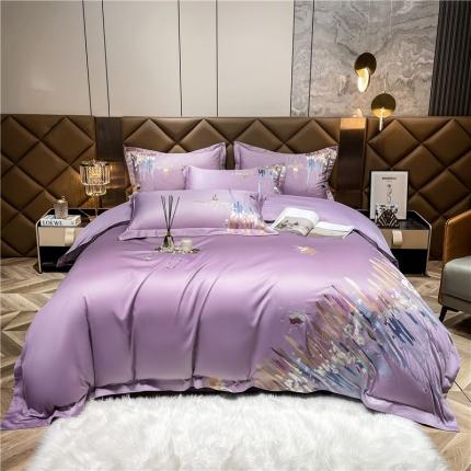 91家纺网 家纺一手货源 找家纺 宏羽纺 2023新款 高支高密长绒棉刺绣居家款四件套 爱情海-优雅紫
