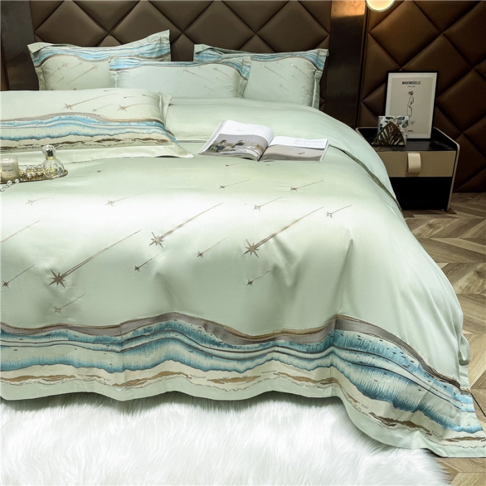 91家纺网 家纺一手货源 找家纺 宏羽纺 2023新款 高支高密长绒棉刺绣居家款四件套 爱情海-芥末绿