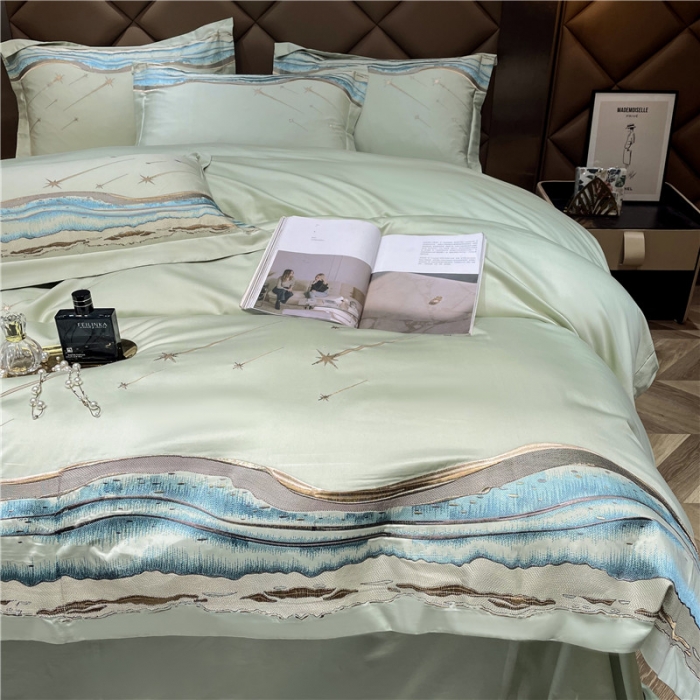 91家纺网 家纺一手货源 找家纺 宏羽纺 2023新款 高支高密长绒棉刺绣居家款四件套 爱情海-芥末绿