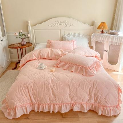 91家纺网 家纺一手货源 找家纺 惯盈家纺 2023新款全棉四件套绗缝荷叶边床裙款-芬琳（含买家秀） 粉