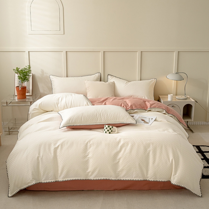 91家纺网 家纺一手货源 找家纺 涵宸 2023新款全棉提花四件套 空城（珍珠白+豆沙）