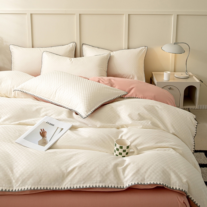 91家纺网 家纺一手货源 找家纺 涵宸 2023新款全棉提花四件套 空城（珍珠白+豆沙）