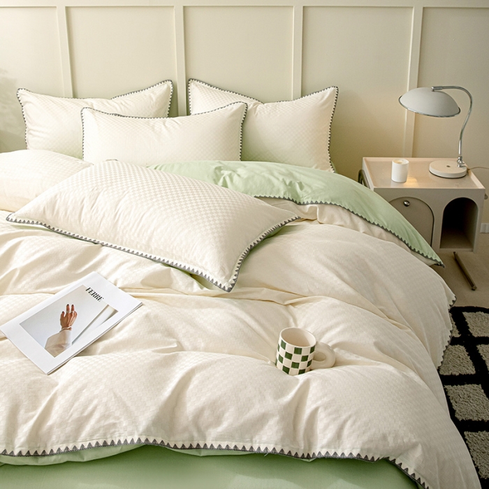 91家纺网 家纺一手货源 找家纺 涵宸 2023新款全棉提花四件套 空城（珍珠白+太湖绿）