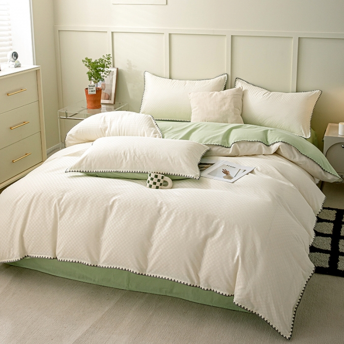 91家纺网 家纺一手货源 找家纺 涵宸 2023新款全棉提花四件套 空城（珍珠白+太湖绿）