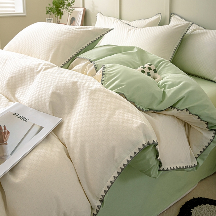 91家纺网 家纺一手货源 找家纺 涵宸 2023新款全棉提花四件套 空城（珍珠白+太湖绿）