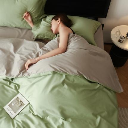 91家纺网 家纺一手货源 找家纺 蕊姿 AB超柔水洗双拼50s长绒棉贡缎四件套全棉直播 竹青绿+浅灰