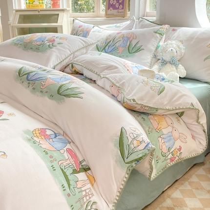 91家纺网 家纺一手货源 找家纺 （总）秋艳家纺 2023新款直播电商爆款水洗棉麻双层纱贝壳边四件套