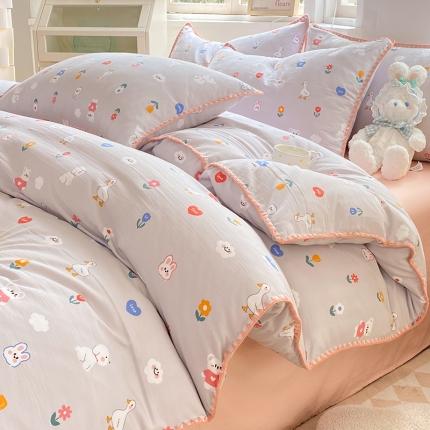 91家纺网 家纺一手货源 找家纺 秋艳家纺 2023新款直播电商爆款水洗棉麻双层纱贝壳边四件套 动物乐园