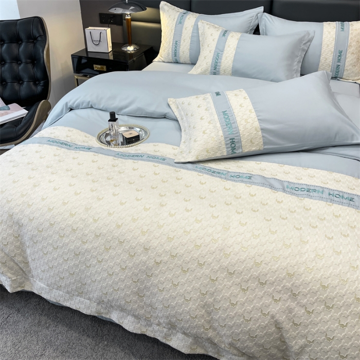 91家纺网 家纺一手货源 找家纺 布可 2025新款千鸟格立体雕花刺绣四件套 千鸟格.海洋蓝