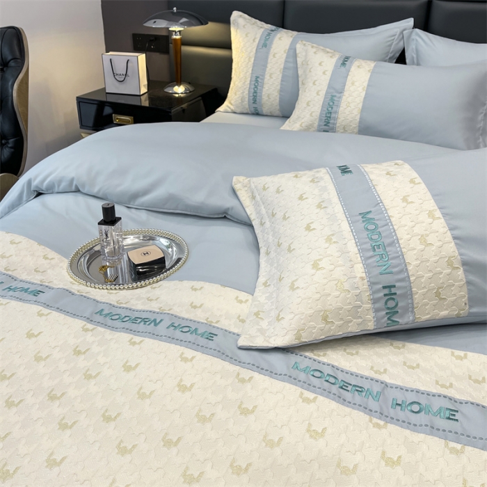 91家纺网 家纺一手货源 找家纺 布可 2025新款千鸟格立体雕花刺绣四件套 千鸟格.海洋蓝