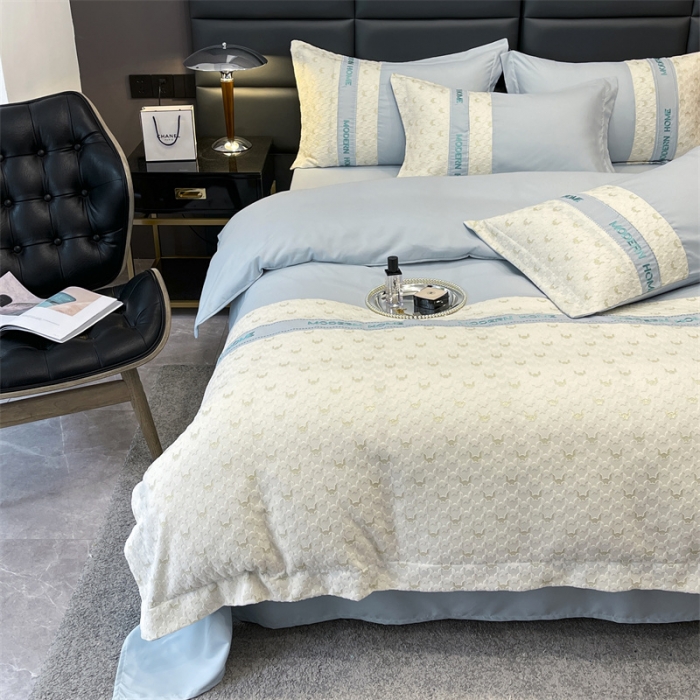 91家纺网 家纺一手货源 找家纺 布可 2025新款千鸟格立体雕花刺绣四件套 千鸟格.海洋蓝