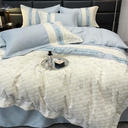 布可 2025新款千鸟格立体雕花刺绣四件套 千鸟格.海洋蓝