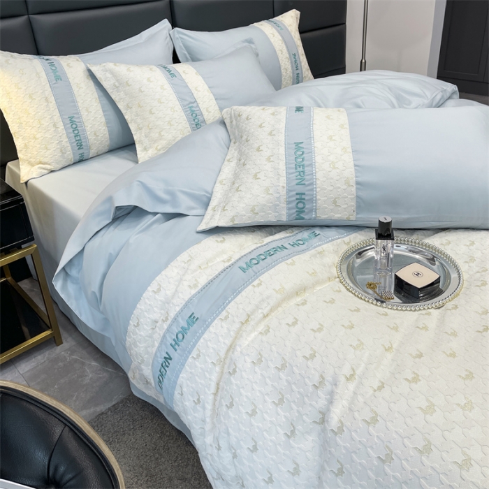 91家纺网 家纺一手货源 找家纺 布可 2025新款千鸟格立体雕花刺绣四件套 千鸟格.海洋蓝