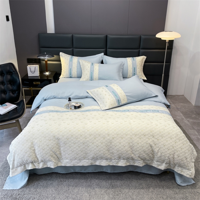 91家纺网 家纺一手货源 找家纺 布可 2025新款千鸟格立体雕花刺绣四件套 千鸟格.海洋蓝