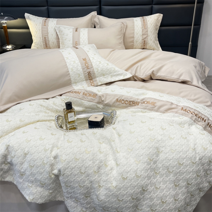 91家纺网 家纺一手货源 找家纺 布可 2025新款千鸟格立体雕花刺绣四件套 千鸟格.奢华金