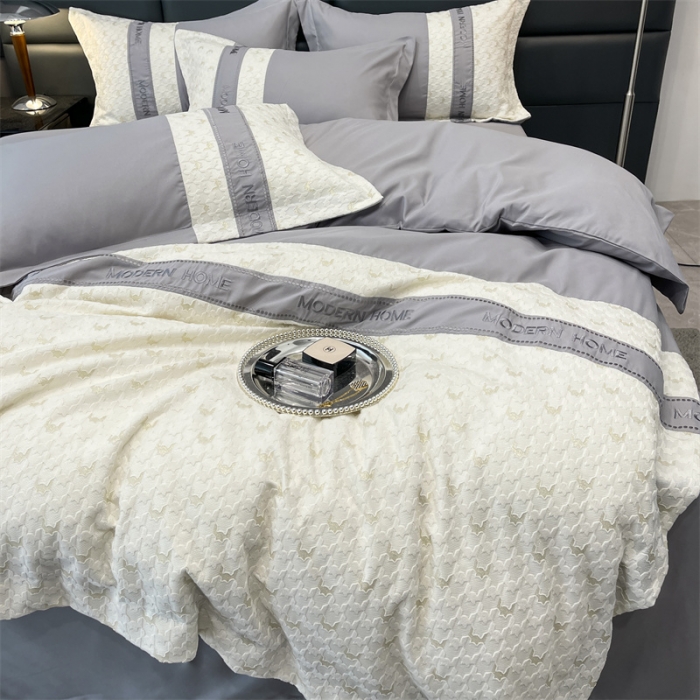 91家纺网 家纺一手货源 找家纺 布可 2025新款千鸟格立体雕花刺绣四件套 千鸟格.时尚灰