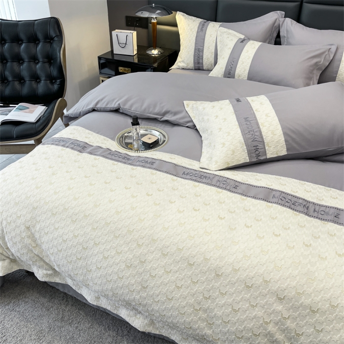 91家纺网 家纺一手货源 找家纺 布可 2025新款千鸟格立体雕花刺绣四件套 千鸟格.时尚灰