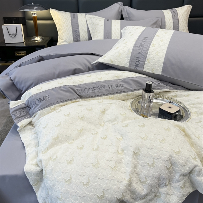 91家纺网 家纺一手货源 找家纺 布可 2025新款千鸟格立体雕花刺绣四件套 千鸟格.时尚灰