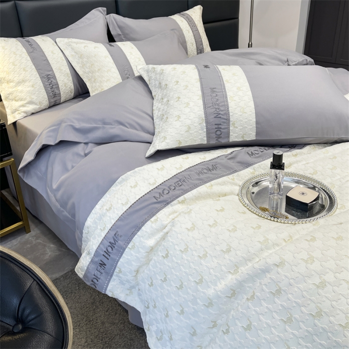 91家纺网 家纺一手货源 找家纺 布可 2025新款千鸟格立体雕花刺绣四件套 千鸟格.时尚灰