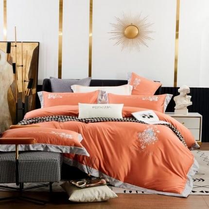 91家纺网 家纺一手货源 找家纺 120支60S长绒棉宽边刺绣花贡缎纯棉全棉四件套 爱的城堡-靓桔