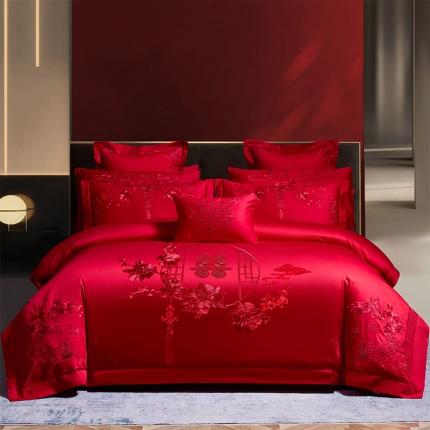 91家纺网 家纺一手货源 找家纺 博之洋婚庆 新款全棉绣花婚庆四件套一路有你-红