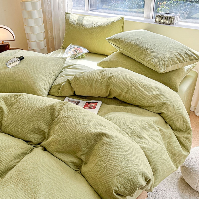 91家纺网 家纺一手货源 找家纺 琪格格 2023新款A类纯棉加厚三层纱山茶花套件 山茶花-纯果绿