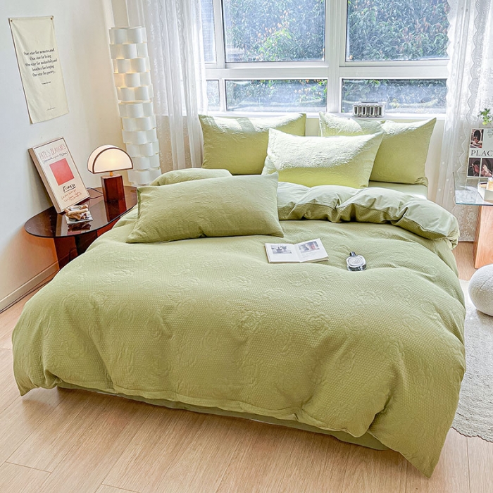 91家纺网 家纺一手货源 找家纺 琪格格 2023新款A类纯棉加厚三层纱山茶花套件 山茶花-纯果绿