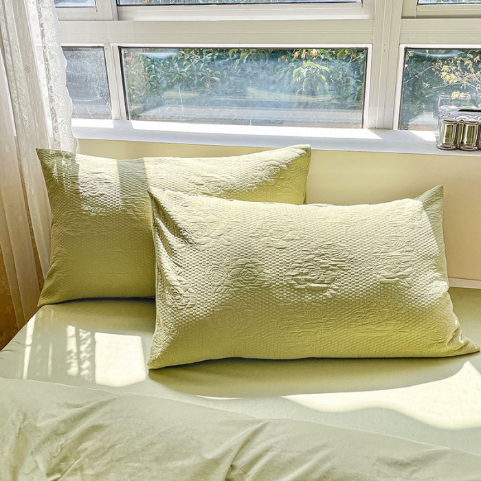 91家纺网 家纺一手货源 找家纺 琪格格 2023新款A类纯棉加厚三层纱山茶花套件 山茶花-纯果绿