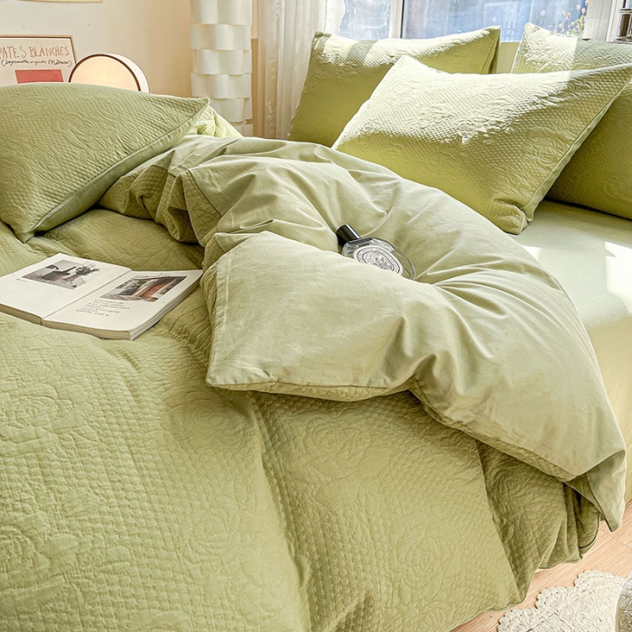 91家纺网 家纺一手货源 找家纺 琪格格 2023新款A类纯棉加厚三层纱山茶花套件 山茶花-纯果绿